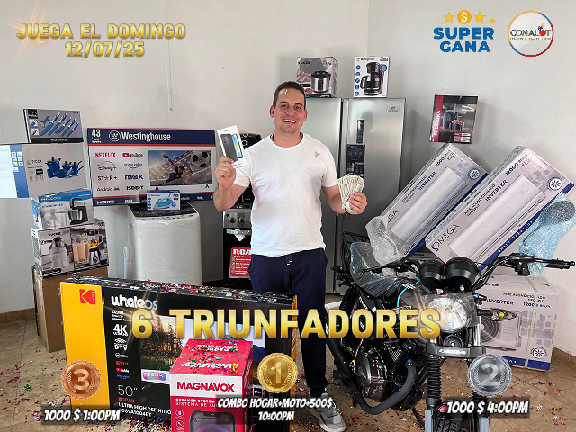 6 TRIUNFADORES / 1ER PREMIO (10:00PM) UN COMBO HOGAR +MOTO 0KM+300 $ / 2DO PREMIO 1000$ / 3ER PREMIO 1000$/ Y 500 A REPARTIR PARA EL TOP 3. DE LOS MEJORES COMPRADORES TRIUNFACONZEILA JUEGA POR LA LOTERIA DEL TACHIRA RESULTADOS SUPER GANA 12/07/25 "DONDE TODOS SOMOS GANADORES"