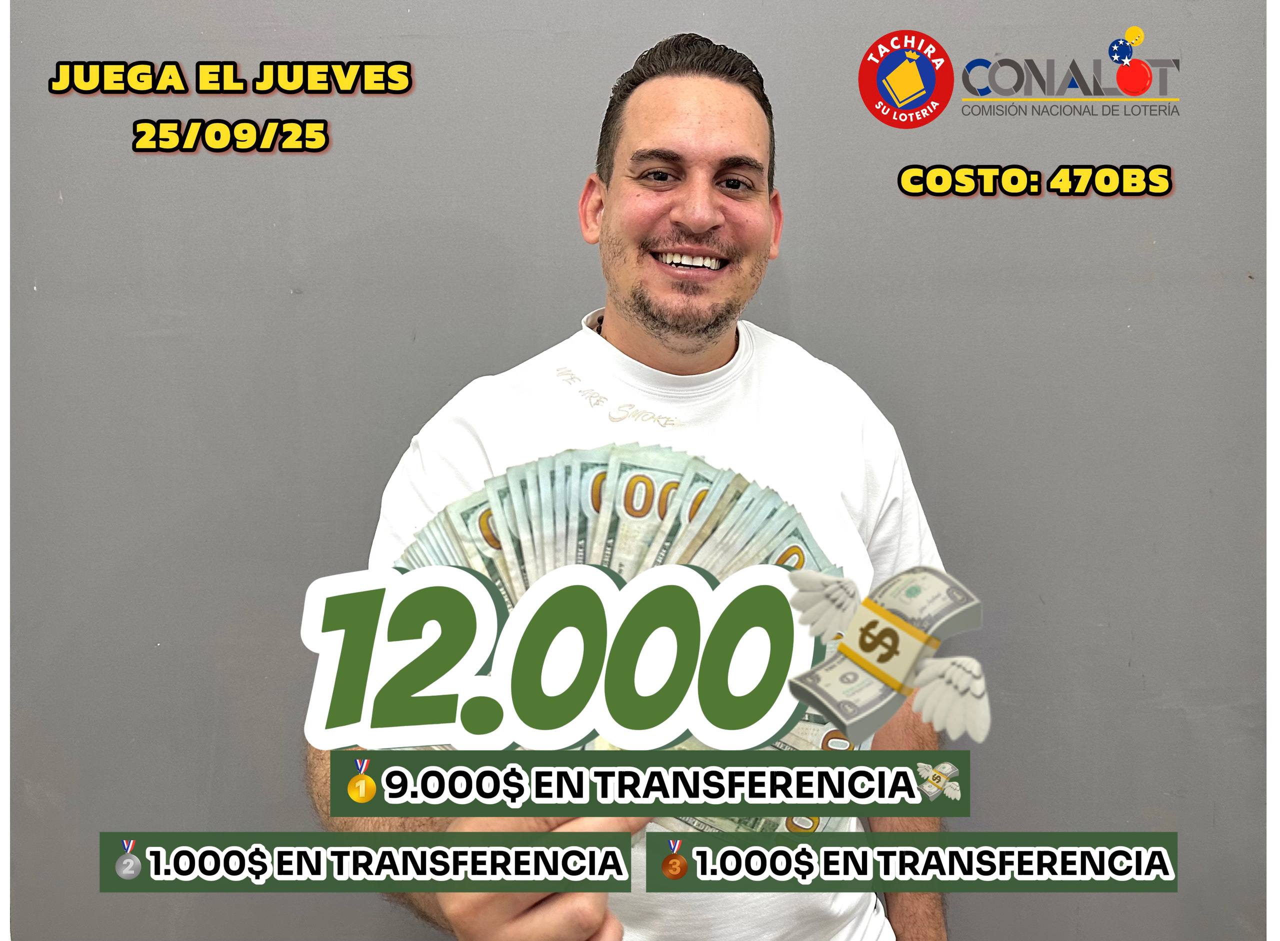 1ER LUGAR: 9.000$ TRANSFERENCIA, 2DO LUGAR: 1.000$ TRANSFERENCIA, 3ER LUGAR: 1.000$ TRANSFERENCIA, MAYOR COMPRADOR DE BOLETOS 500$ EN TRANSFERENCIA + 500$ EN BOLETOS PREMIADOS.